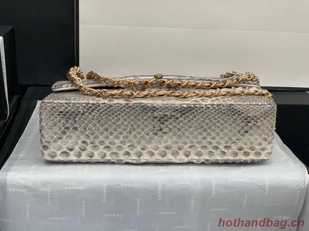 Chanel Classic Handbag Python Leather Silver A01112 Gold Hardware