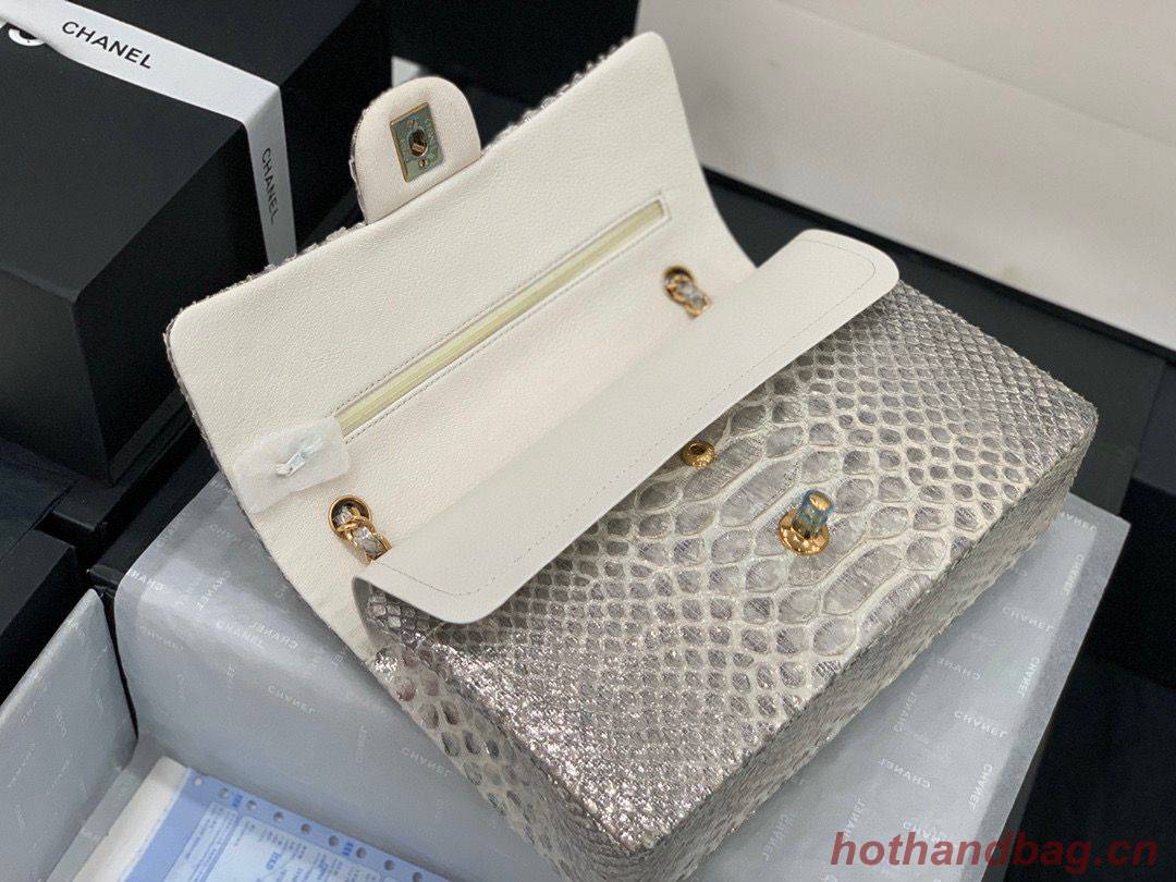 Chanel Classic Handbag Python Leather Silver A01112 Gold Hardware