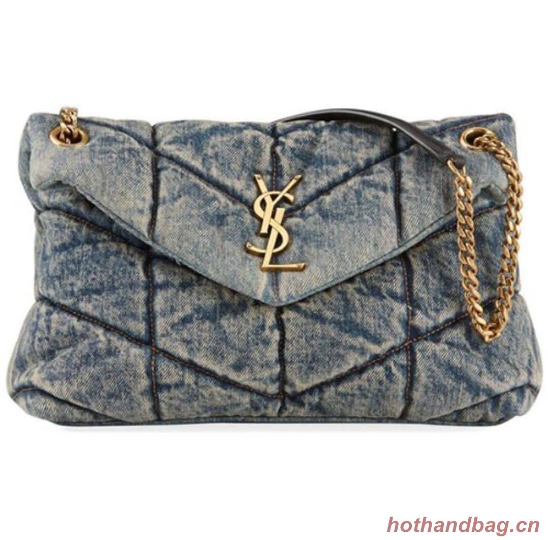 Yves Saint Laurent PUFFER SMALL BAG IN QUILTED VINTAGE DENIM AND SUEDE Y577476 Blue