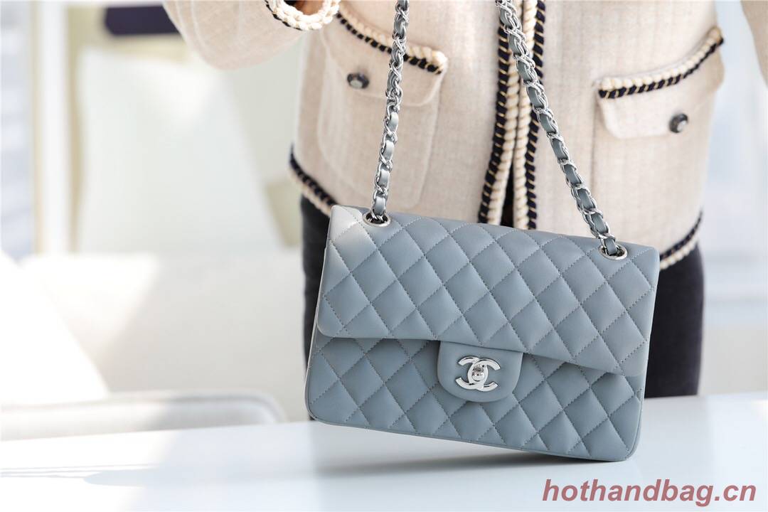 Chanel Small Classic Handbag Sheepskin & silver-Tone Metal A01113 grey