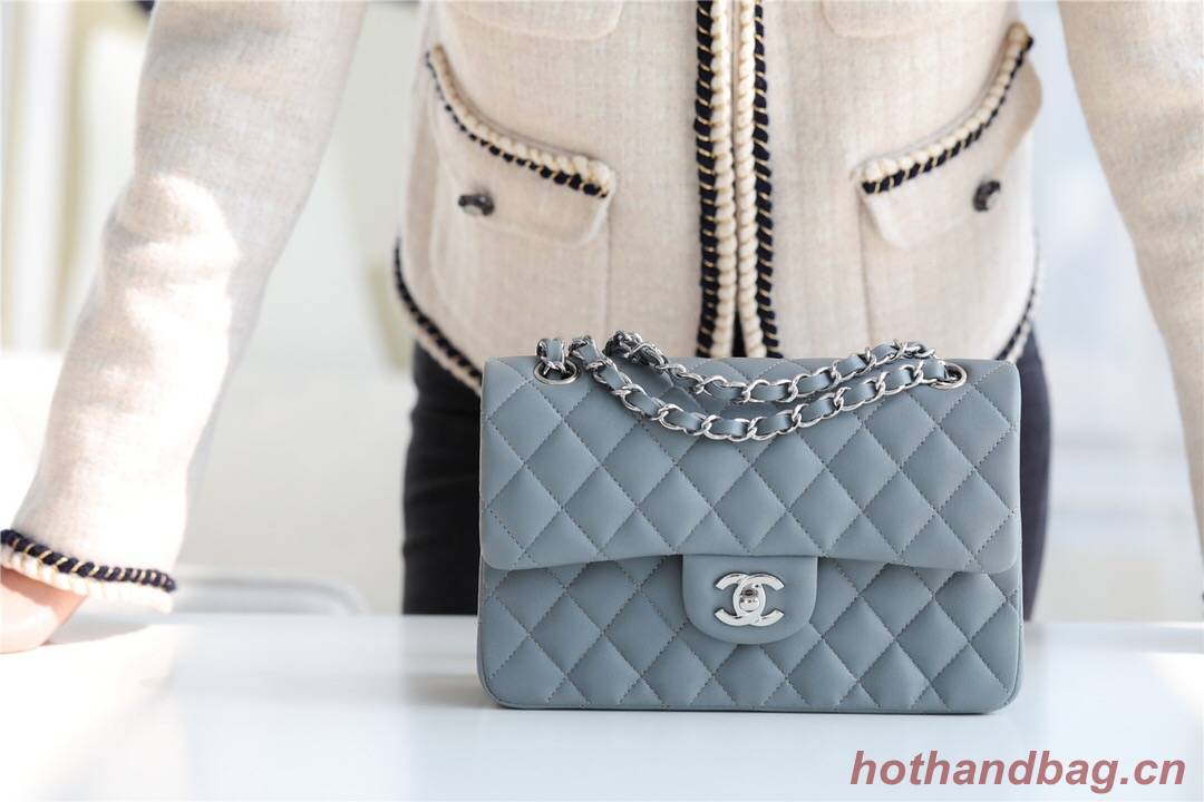 Chanel Small Classic Handbag Sheepskin & silver-Tone Metal A01113 grey