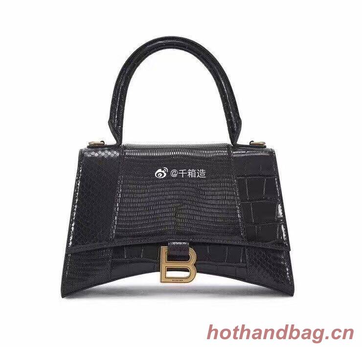 Balenciaga Hourglass Small Top Handle Bag crocodile embossed calfskin B108891E black