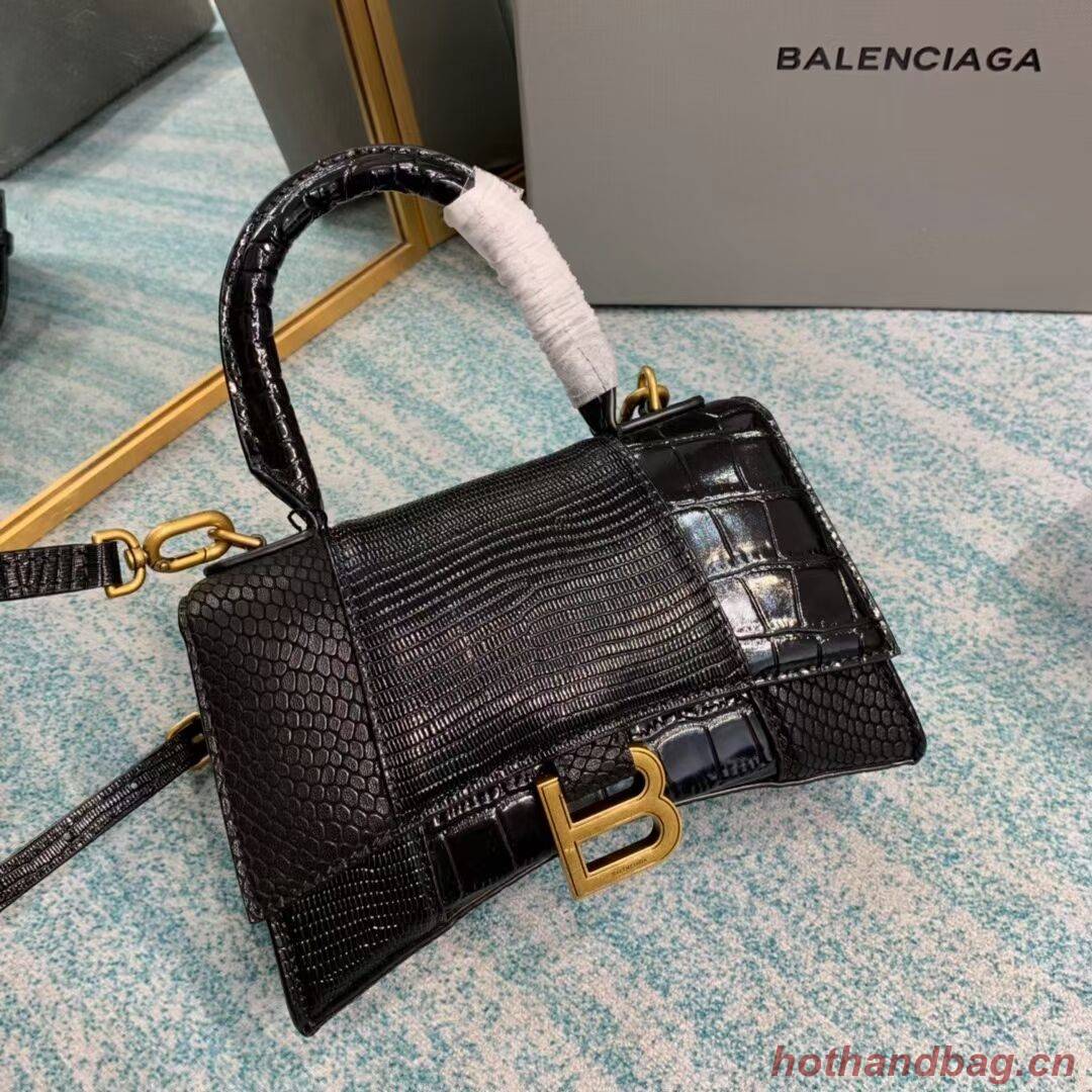 Balenciaga Hourglass XS Top Handle Bag shiny crocodile embossed calfskin B108892E black