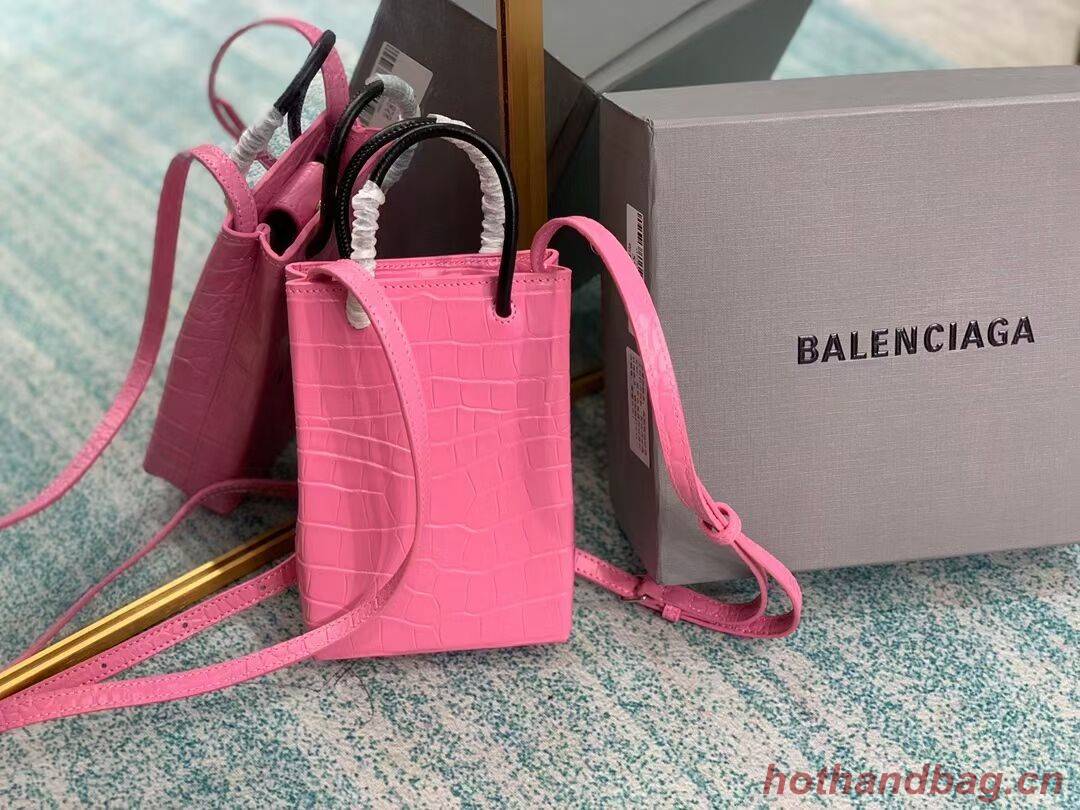 Balenciaga Original shiny crocodile embossed leather Mini Shopper Bag B152865 pink