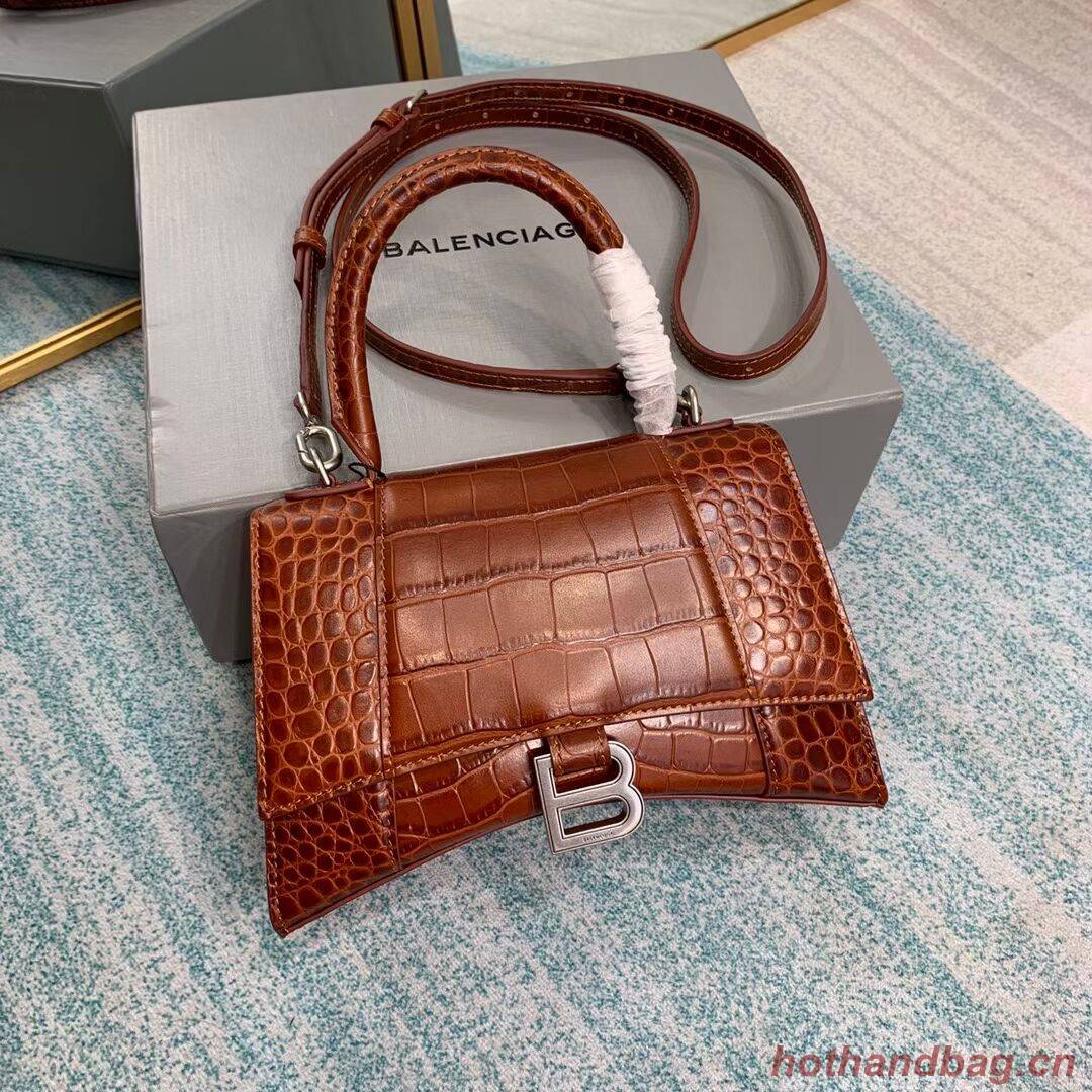 Balenciaga HOURGLASS SMALL TOP HANDLE BAG crocodile embossed calfskin B108895E brown