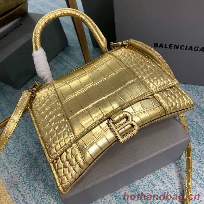 Balenciaga HOURGLASS SMALL TOP HANDLE BAG crocodile embossed calfskin B108895E gold