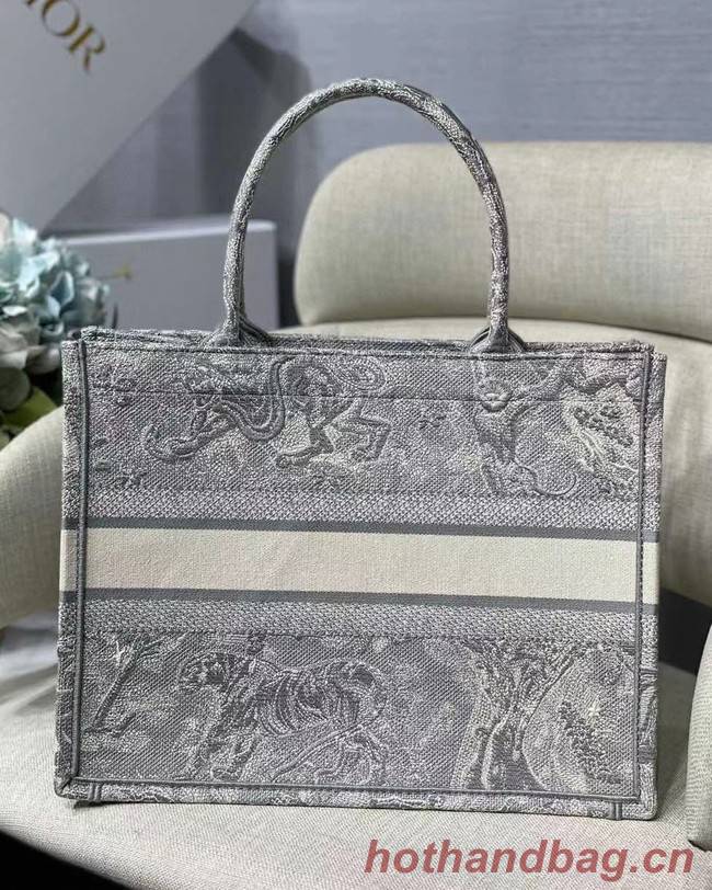 SMALL DIOR BOOK TOTE grey Toile de Jouy Reverse Embroidery M1296Z