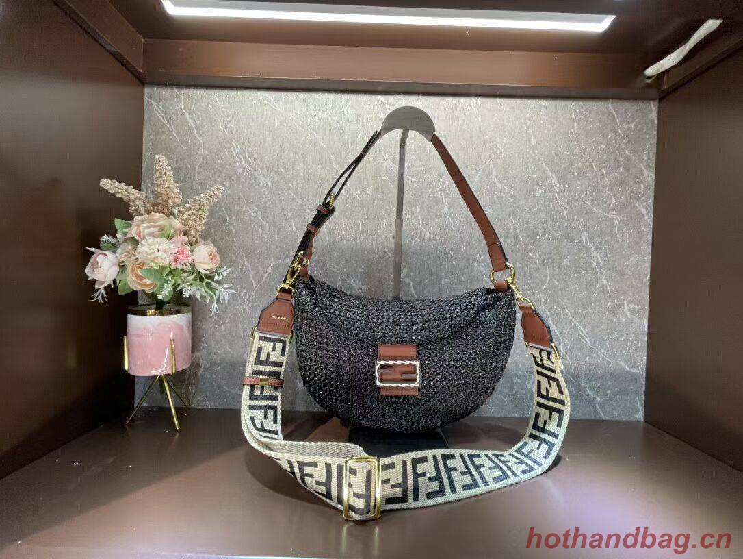 FENDI SMALL CROISSANT Woven straw bag 8BR790AFG black