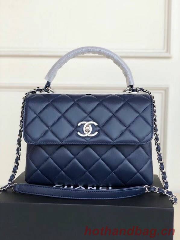 Chanel original lambskin top handle flap bag AS92236 royal blue&silver-Tone Metal