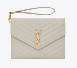 Yves Saint Laurent MONOGRAM CLUTCH IN QUILTED GRAIN DE POUDRE EMBOSSED LEATHER 617662 white