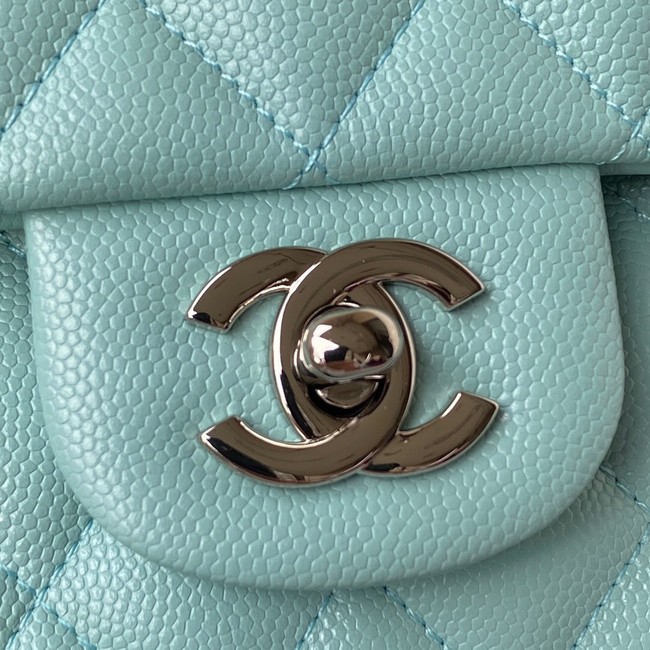 Chanel Flap Shoulder Bag Grained Calfskin A01112 silver-Tone Metal sky blue