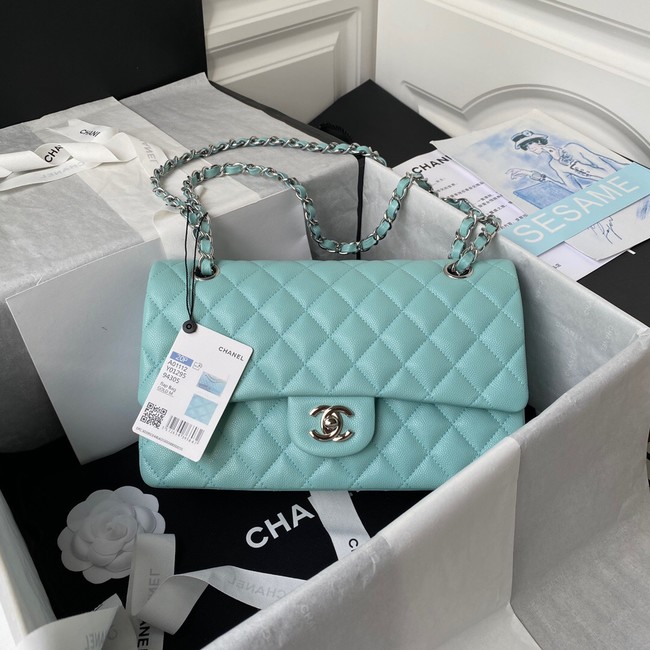 Chanel Flap Shoulder Bag Grained Calfskin A01112 silver-Tone Metal sky blue