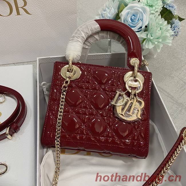 MINI LADY DIOR BAG Patent Cannage Calfskin M0566OW Burgundy&gold