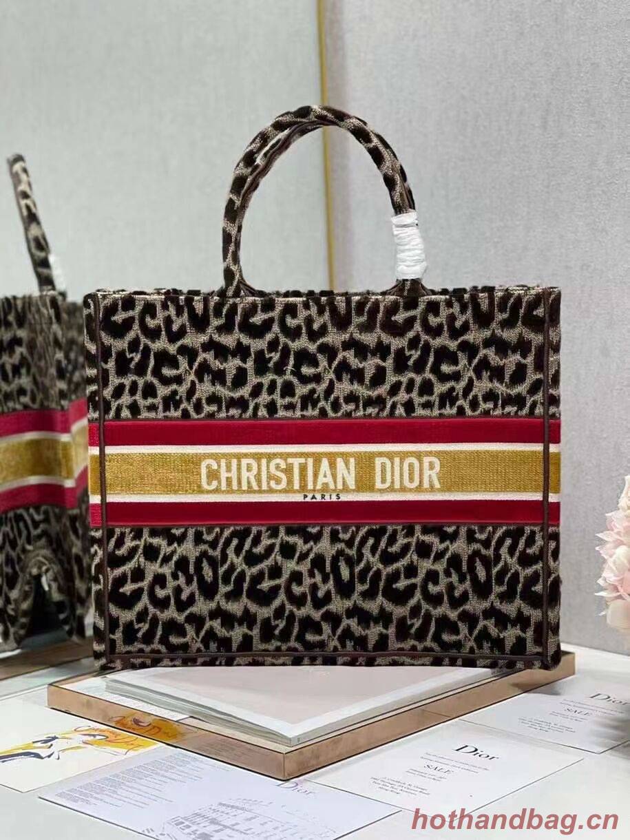 DIOR BOOK TOTE Embroidery  C1286-1 Brown Leopard Print