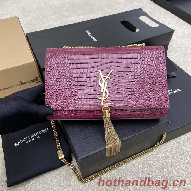 YSL KATE MEDIUM WITH TASSEL IN CROCODILE-EMBOSSED SHINY LEATHER 377829 Burgundy