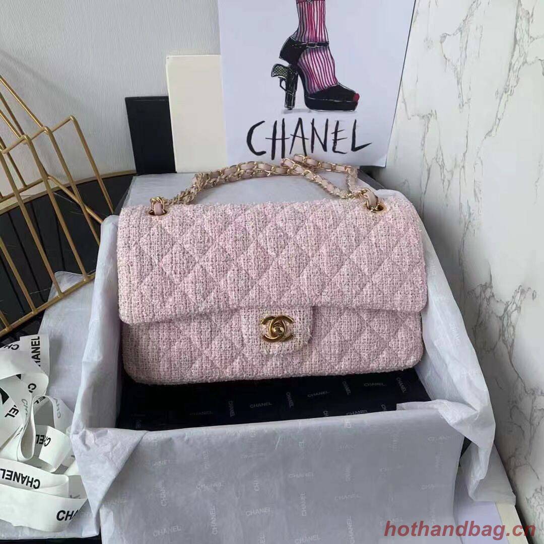 CHANEL MEDIUM Flap Bag Tweed Braided Calfskin & Gold-Tone Metal 1112 pink