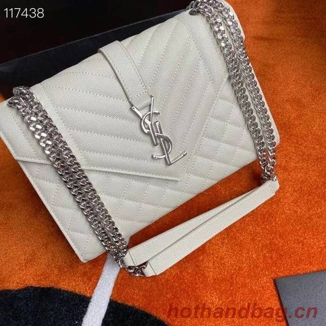 SAINT LAURENT ENVELOPE MEDIUM BAG IN MIX MATELASSe GRAIN DE POUDRE EMBOSSED LEATHER 600185 BLANC VINTAGE&SILVER