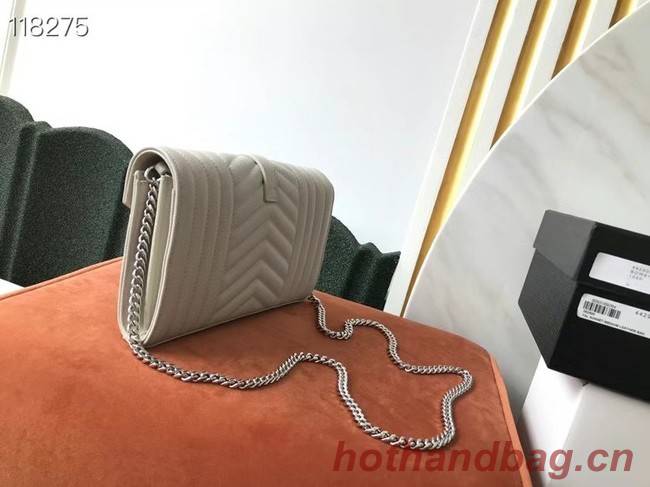 SAINT LAURENT MONOGRAM CHAIN WALLET IN MIX MATELASSE GRAIN DE POUDRE EMBOSSED LEATHER 620280 STONE GREY&SILVER