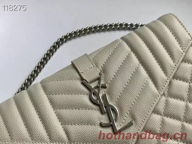 SAINT LAURENT MONOGRAM CHAIN WALLET IN MIX MATELASSE GRAIN DE POUDRE EMBOSSED LEATHER 620280 STONE GREY&SILVER