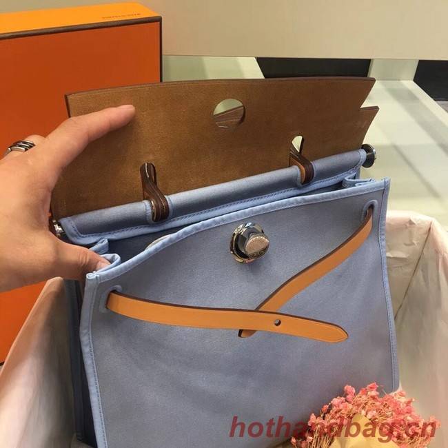 Hermes Herbag 31CM Original Canvas Leather & Calfskin 45987 light blue Blue&brown