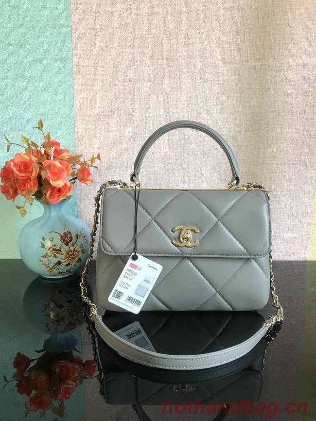 Chanel CC original lambskin top handle flap bag A92236 light gray&Gold-Tone Metal