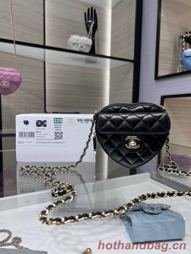 Chanel 2022S Love Heart mini Lambskin Crossbody Chain Bag AO2784 black