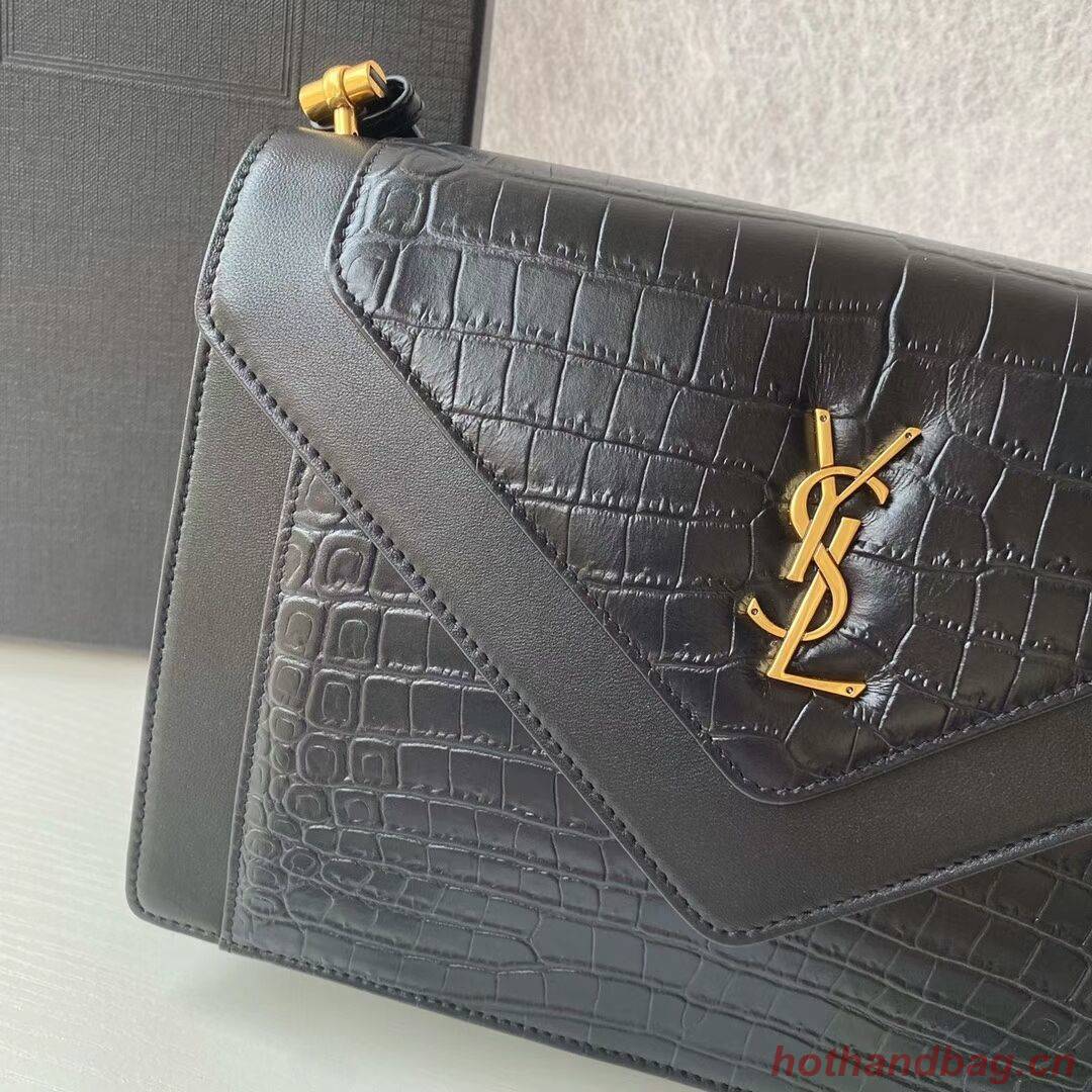 Yves Saint Laurent GABY SATCHEL IN CROCODILE-EMBOSSED LACQUERED LEATHER AND LAMBSKIN 695724 black