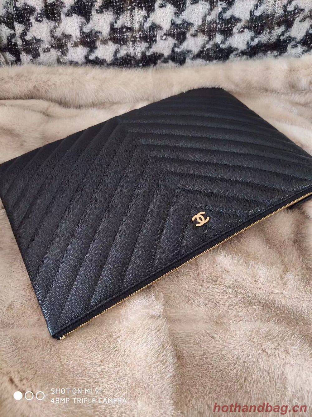 Chanel Clutch Bag Black Caviar Leather 7012 Gold