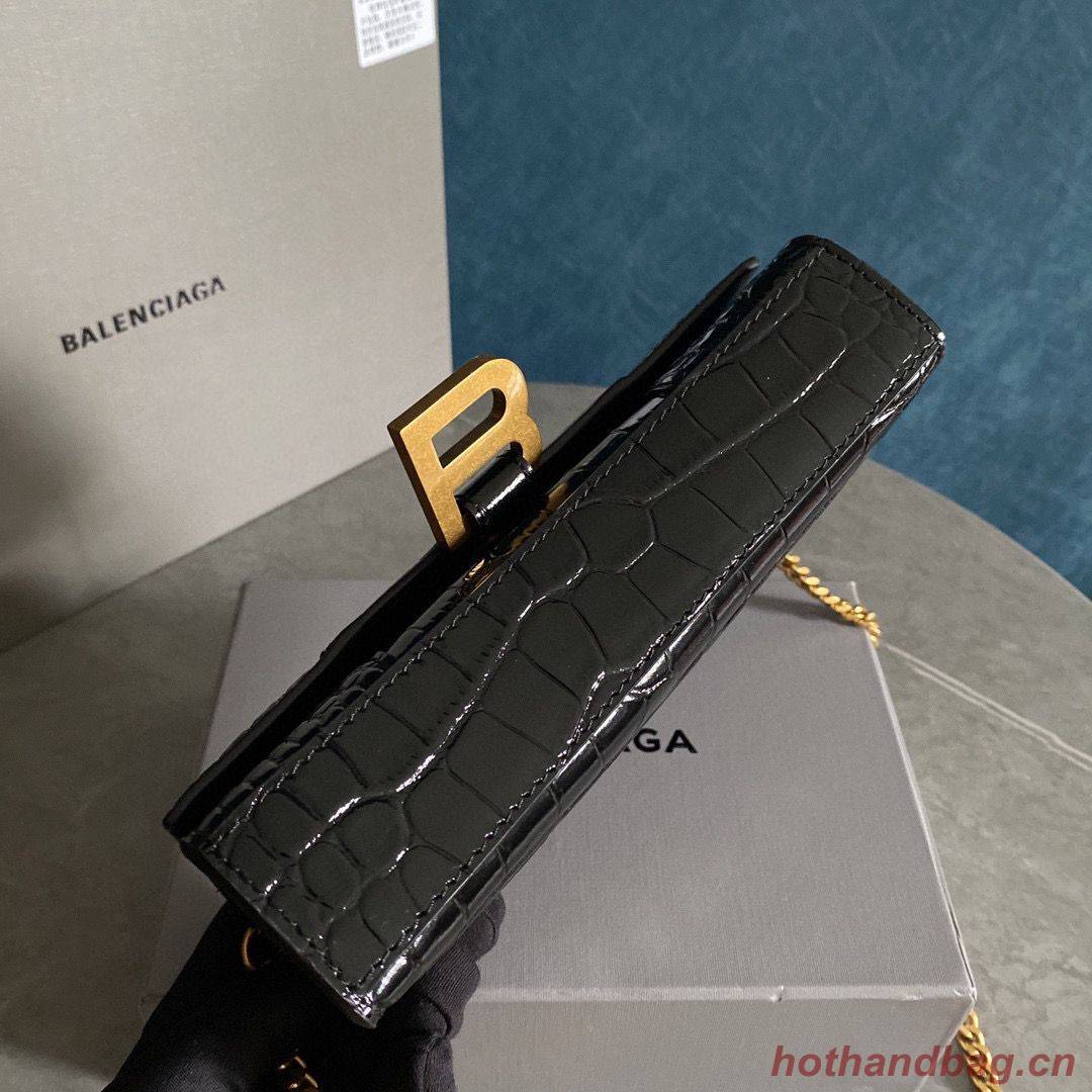 Balenciaga HOURGLASS Wallet With Chain Crocodile Embossed 656050 Black