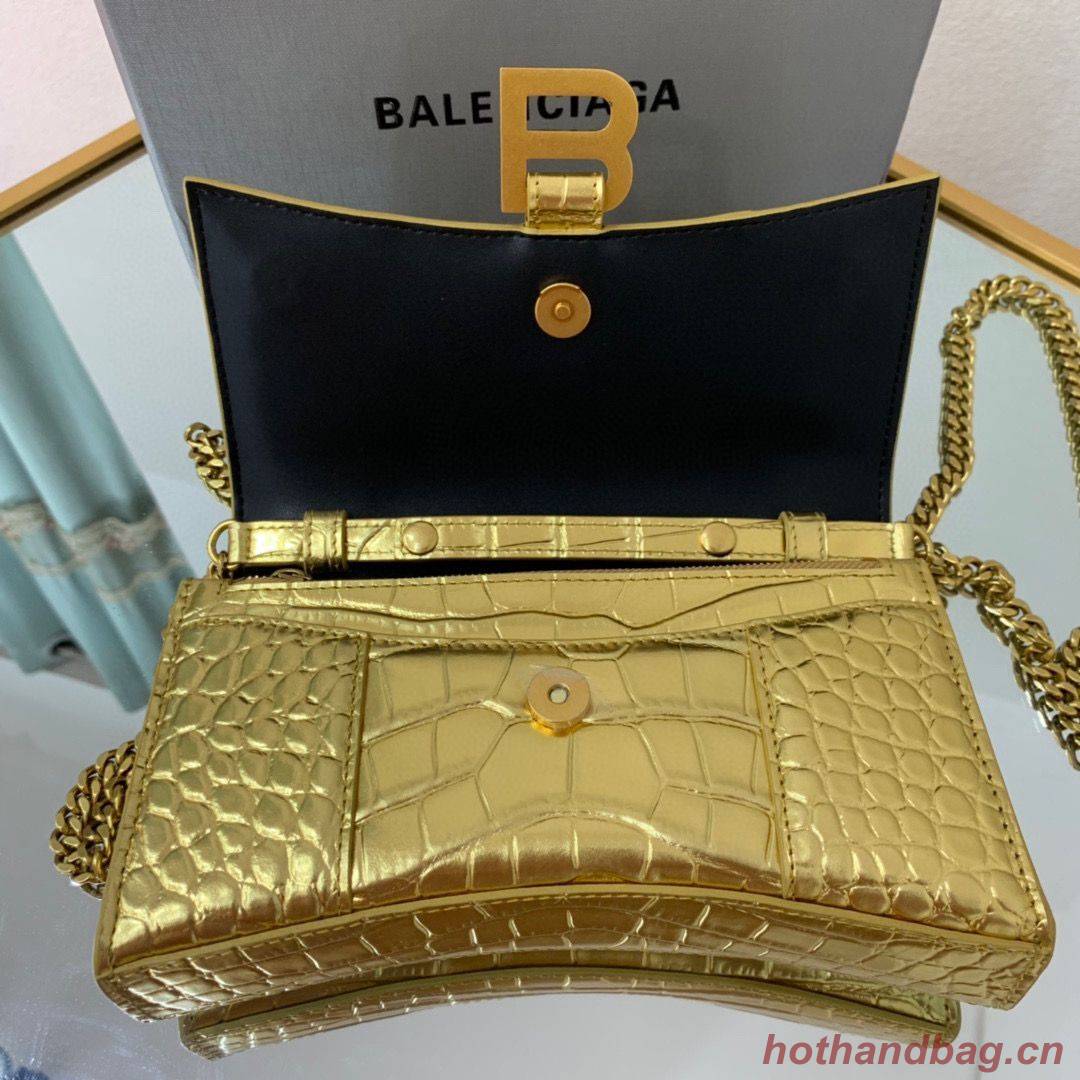 Balenciaga HOURGLASS Wallet With Chain Crocodile Embossed 656050 Gold