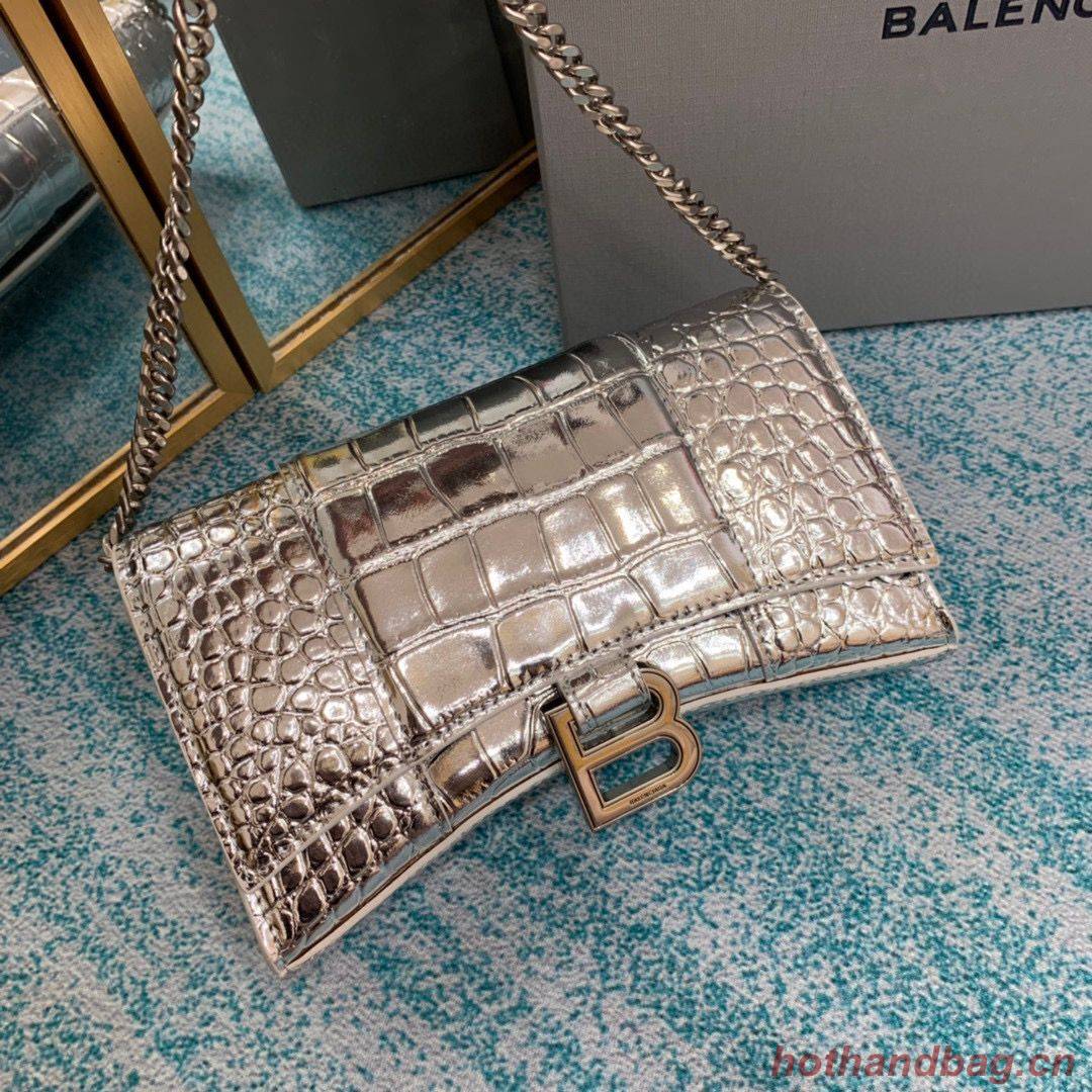 Balenciaga HOURGLASS Wallet With Chain Crocodile Embossed 656050 Silver