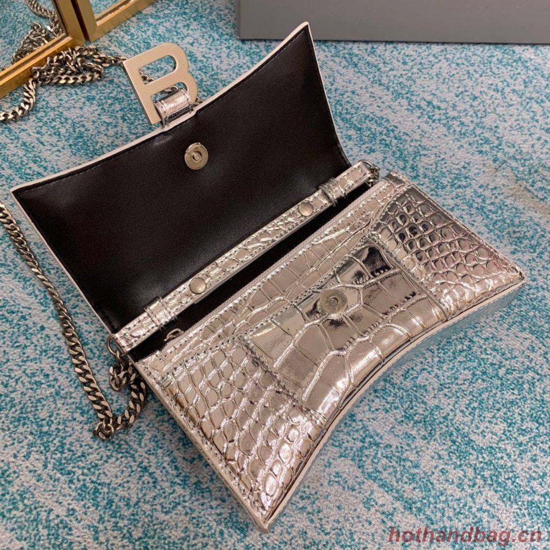 Balenciaga HOURGLASS Wallet With Chain Crocodile Embossed 656050 Silver