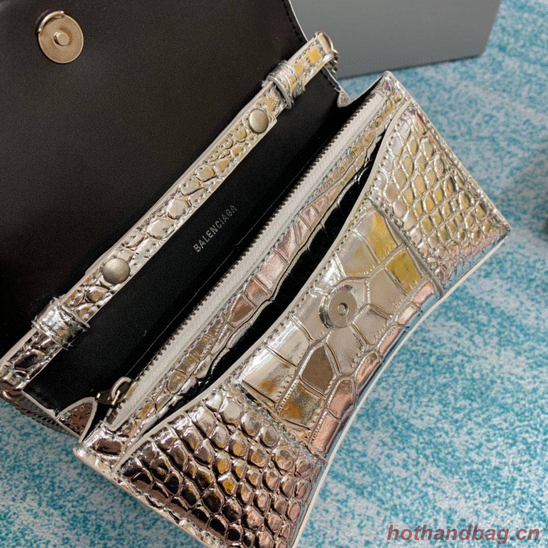 Balenciaga HOURGLASS Wallet With Chain Crocodile Embossed 656050 Silver