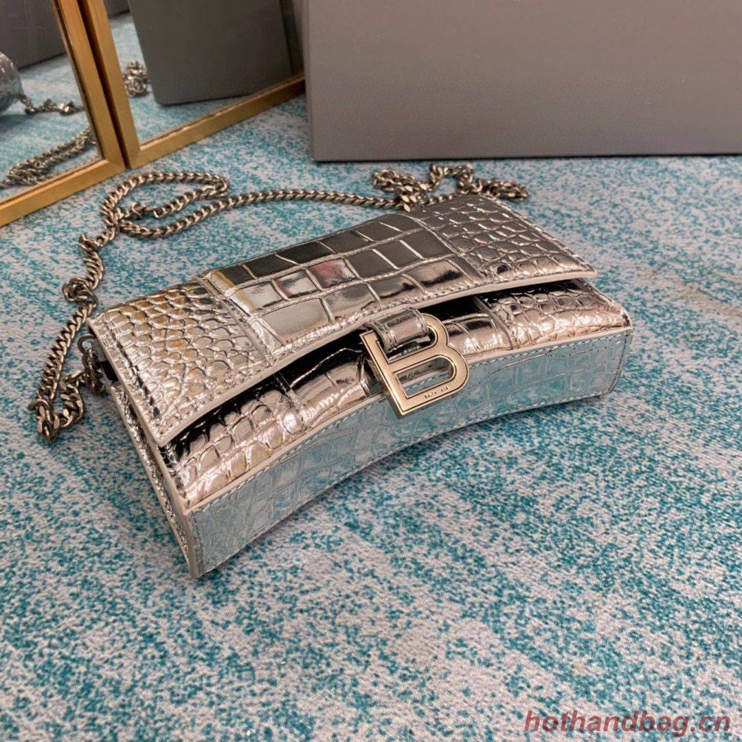 Balenciaga HOURGLASS Wallet With Chain Crocodile Embossed 656050 Silver