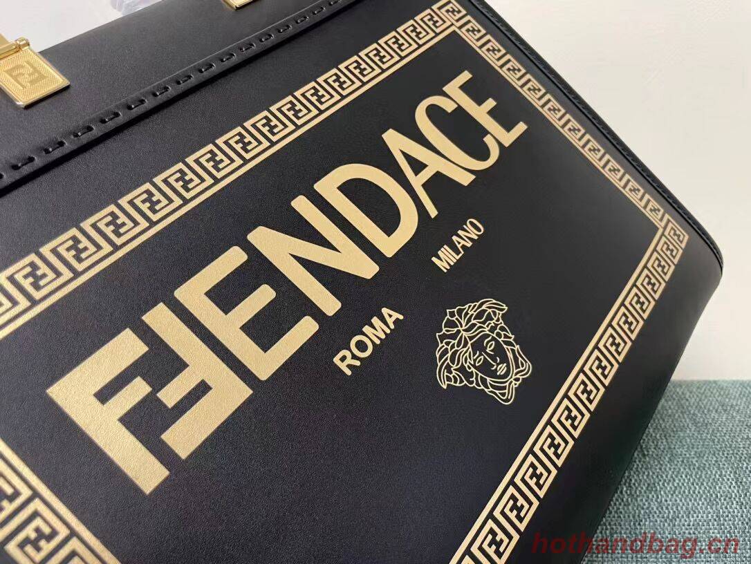 Fendi Sunshine Medium Fendace Printed black leather Logo shopper 8BH386A