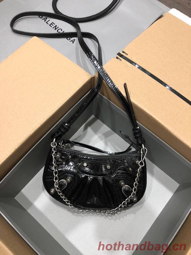 Balenciaga LE CAGOLE MINI PURSE WITH CHAIN CROCODILE EMBOSSED 9016 black