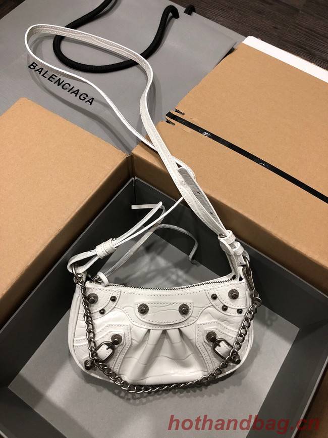 Balenciaga LE CAGOLE MINI PURSE WITH CHAIN CROCODILE EMBOSSED 9016 white