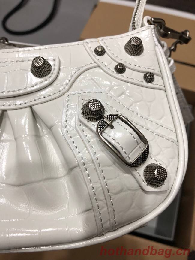 Balenciaga LE CAGOLE MINI PURSE WITH CHAIN CROCODILE EMBOSSED 9016 white