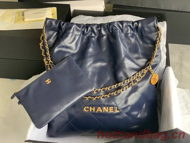 CHANEL 22 HANDBAG Shiny Calfskin & Gold-Tone Metal AS3262 dark blue