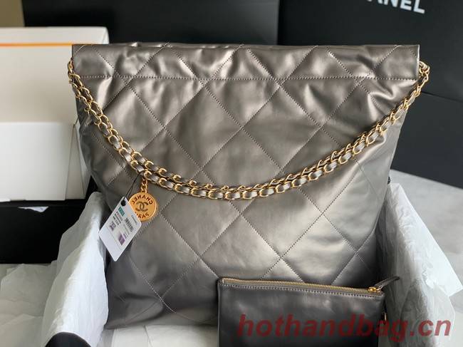 CHANEL 22 HANDBAG Shiny Calfskin & Gold-Tone Metal AS3262 silver grey