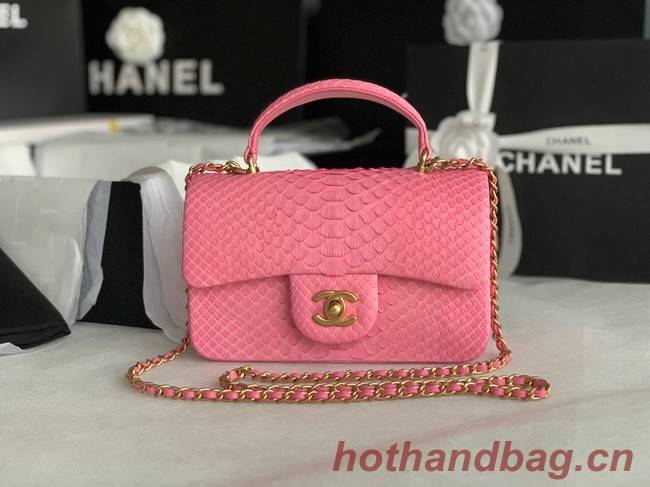 Chanel Snake skin mini flap bag with top handle AS2431 pink