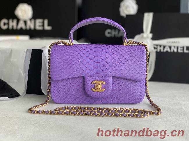 Chanel Snake skin mini flap bag with top handle AS2431 purple