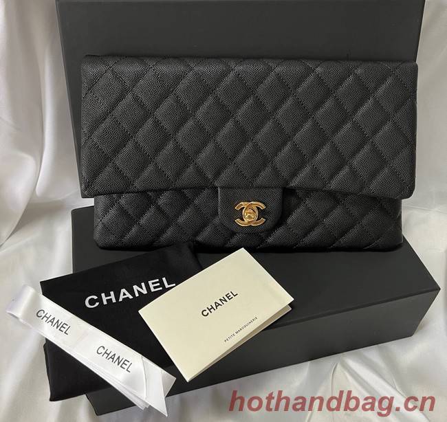 Chanel Clutch Bag Black Caviar Leather 7013 Gold