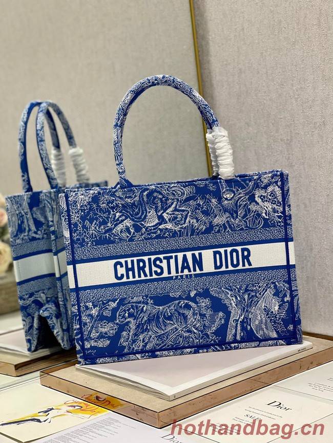 MEDIUM DIOR BOOK TOTE Fluorescent Blue Toile de Jouy Reverse Embroidery M1296ZROC