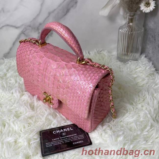 Chanel Snake skin mini flap bag with top handle AS2431 Pearlescent Pink
