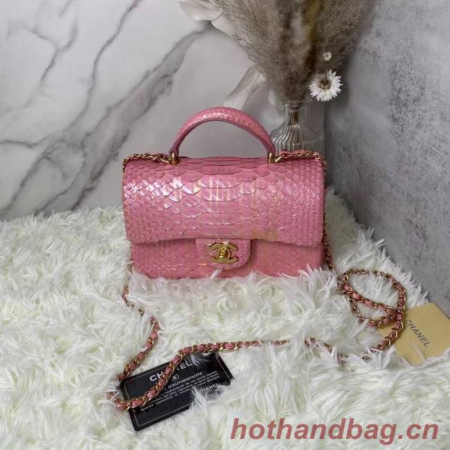 Chanel Snake skin mini flap bag with top handle AS2431 Pearlescent Pink