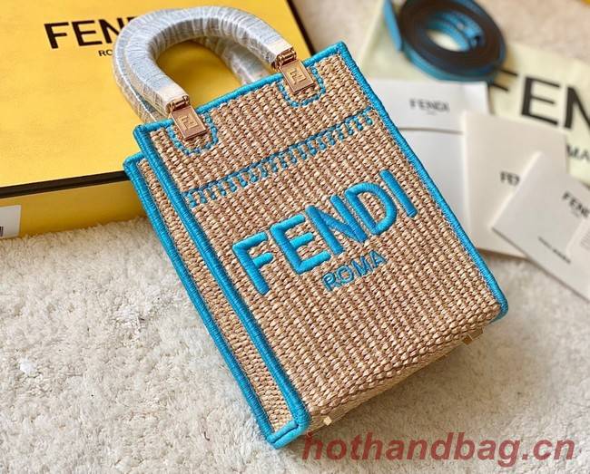 FENDI Mini Sunshine Shopper FF raffia mini-bag 8BS051A blue