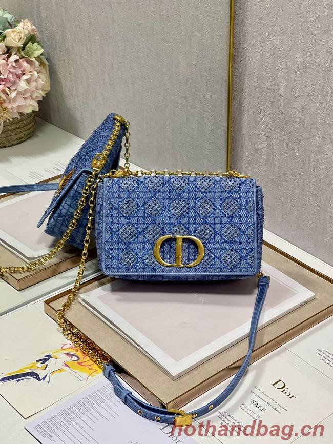 MEDIUM DIOR CARO BAG Macrocannage Tweed Embroidery M9242 blue