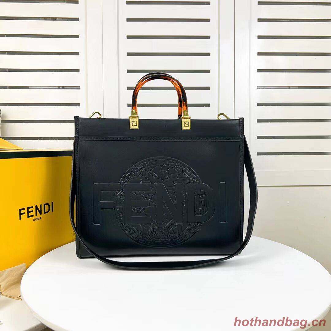 Fendi Sunshine Medium Fendace Printed black leather Logo shopper F0873 black