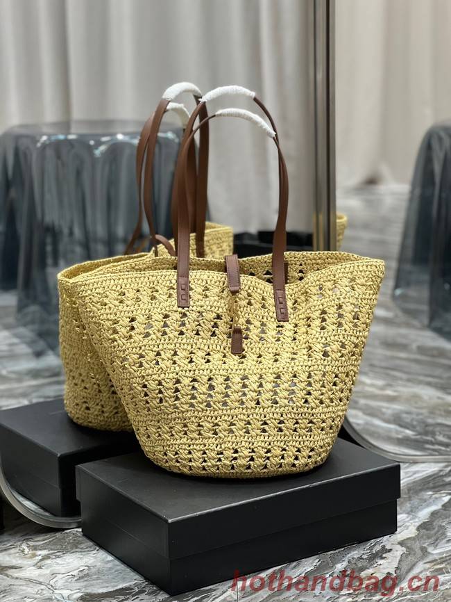 SAINT LAURENT PANIER MEDIUM BAG IN CROCHET RAFFIA AND SMOOTH LEATHER 688221 NATUREL